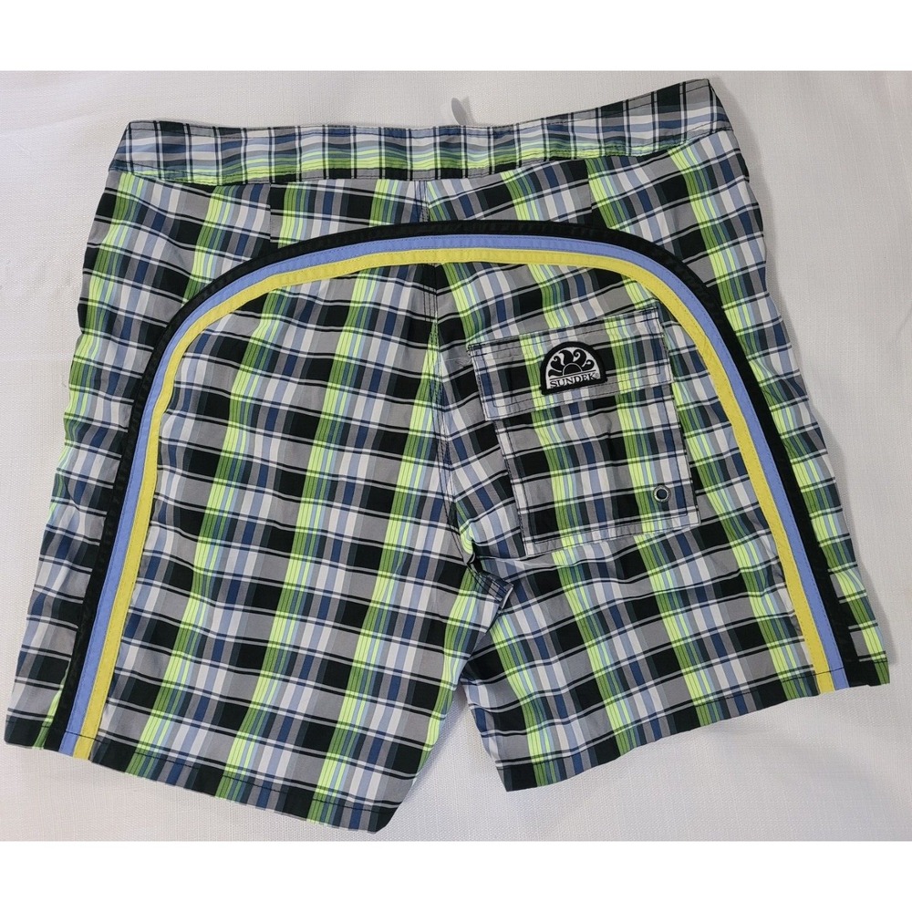 Sundek Men's Blue Green Plaid Print Board Trunks Lined Beach Surf Size 32